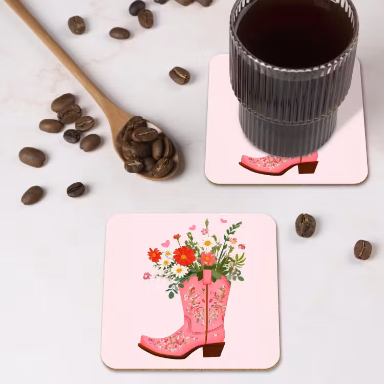 Cowboylaarzen - Roze - Boeket - Bloemen onderzetter kurk middel -sfeer2