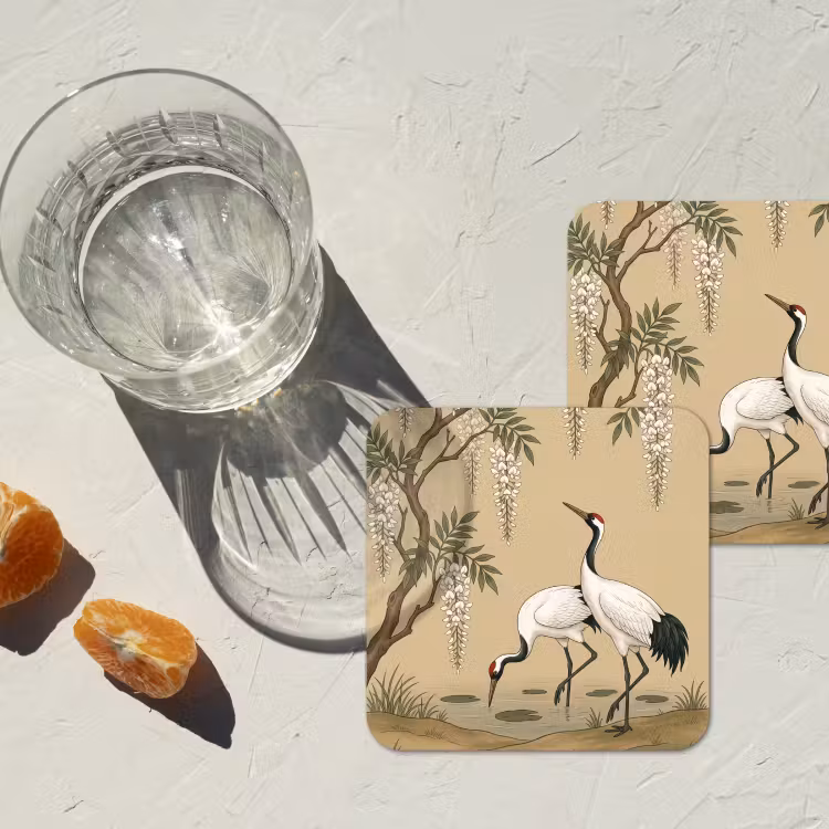 Kraanvogels - Water - Beige onderzetter kurk middel -sfeer4