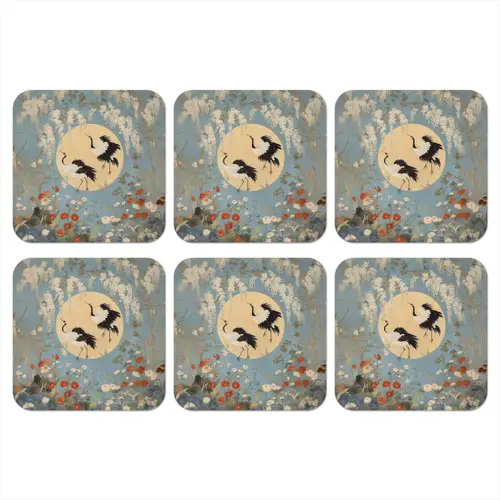 Kraanvogels - Maan - Bloemen - Blauw onderzetter kurk middel -3d