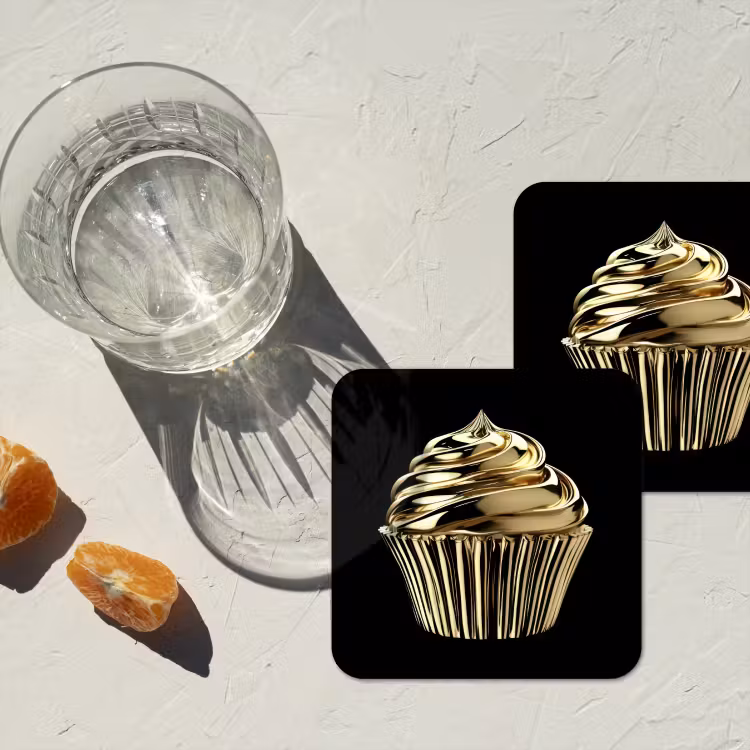 Cupcake - Eten - Goud - Zwart onderzetter kurk middel -sfeer4