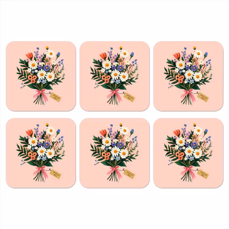Margrieten - Boeket - Strikje - Roze onderzetter kurk middel -3d