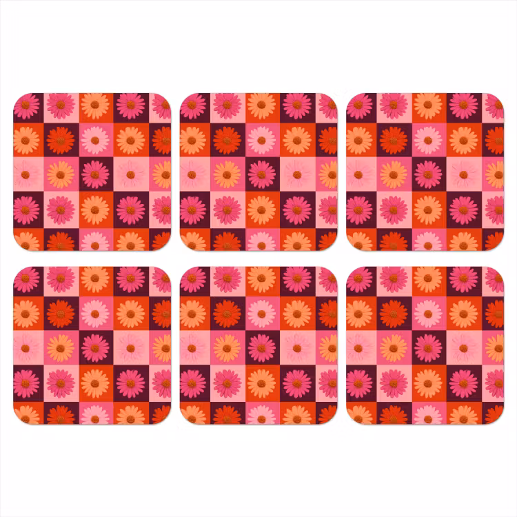 Madeliefjes - Dambord - Retro - Roze - Oranje onderzetter kurk middel 366 -3d