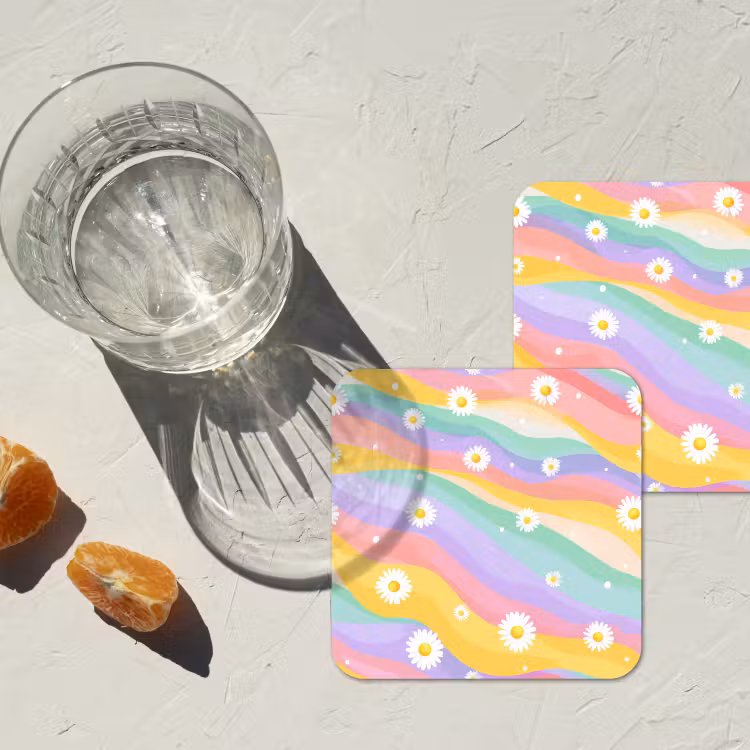 Madeliefjes - Kleurrijk - Pastel - Vrolijk onderzetter kurk middel -sfeer4