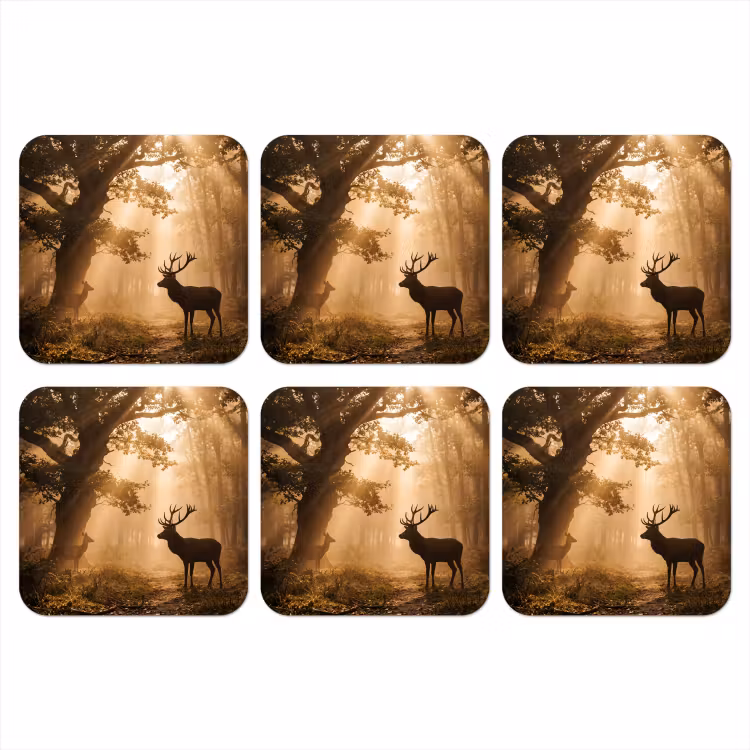 Hert - Bos - Mistig - Natuur - Goud onderzetter kurk middel -3d