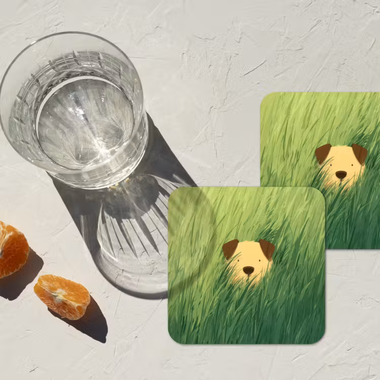 Hondje - Gras - Oren - Bruin onderzetter kurk middel -sfeer4