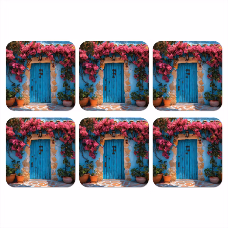 Deur - Hout - Bloemen - Blauw onderzetter kurk middel -3d