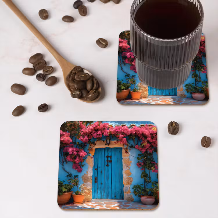 Deur - Hout - Bloemen - Blauw onderzetter kurk middel -sfeer2
