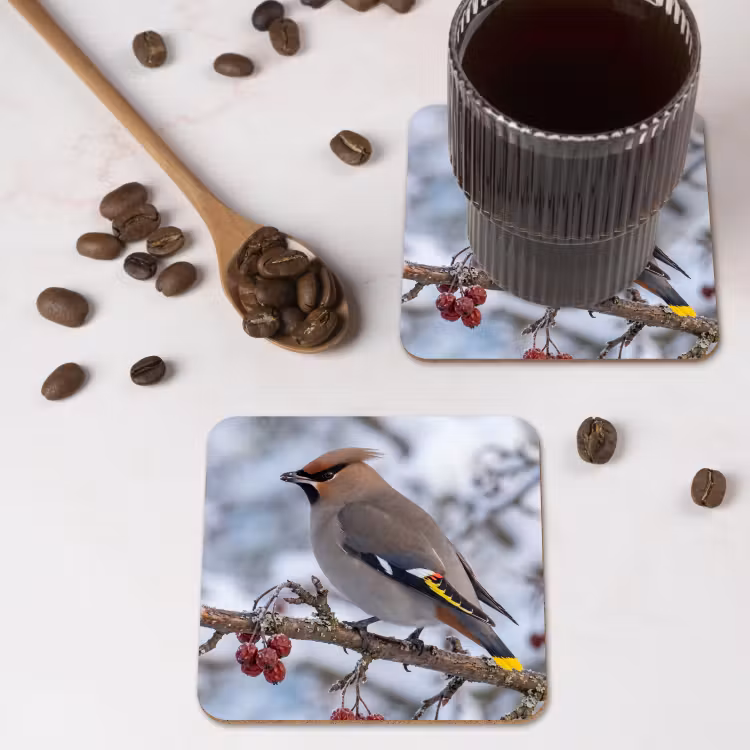 Pestvogel - Bessen - Winter - Natuur onderzetter kurk middel -sfeer2