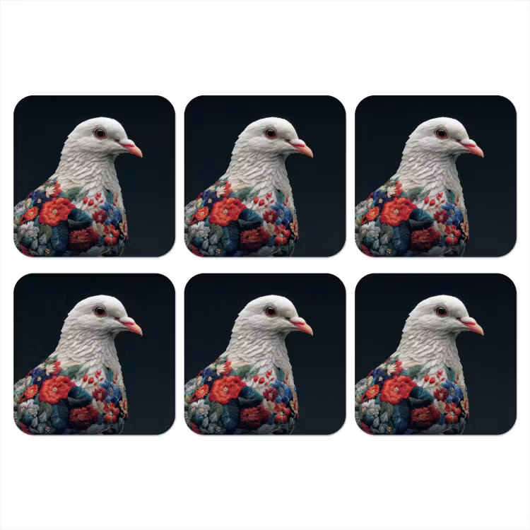 Duif - Bloemen - Wit - Zwart onderzetter kurk middel -3d