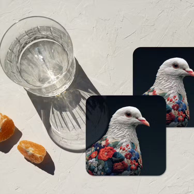 Duif - Bloemen - Wit - Zwart onderzetter kurk middel -sfeer4