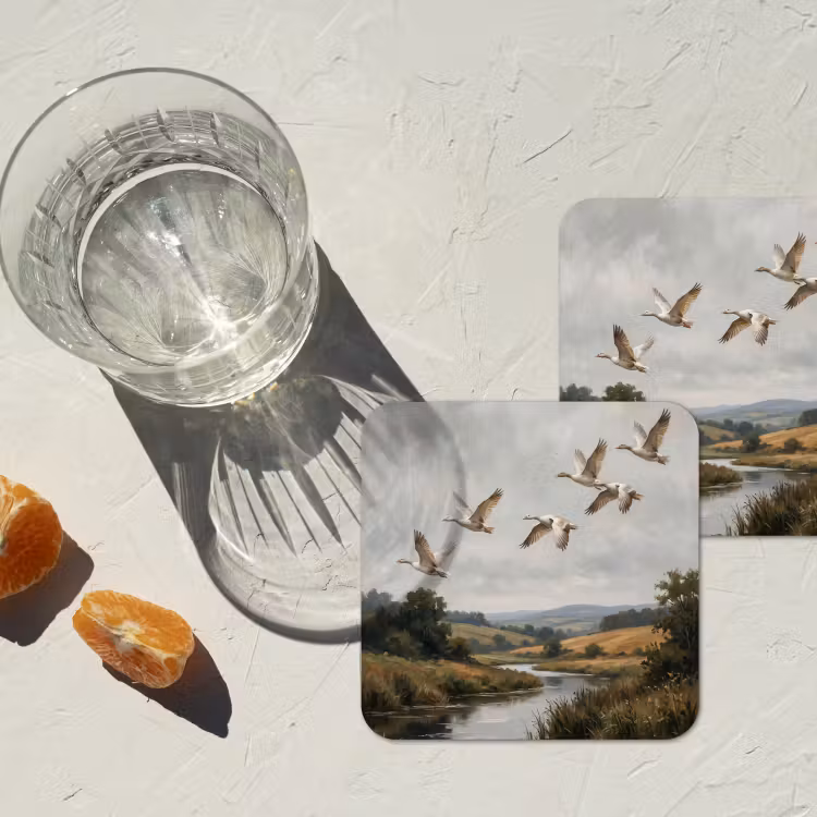 Eenden - Rivier - Landschap - Vlucht - Nostalgisch onderzetter kurk middel -sfeer4