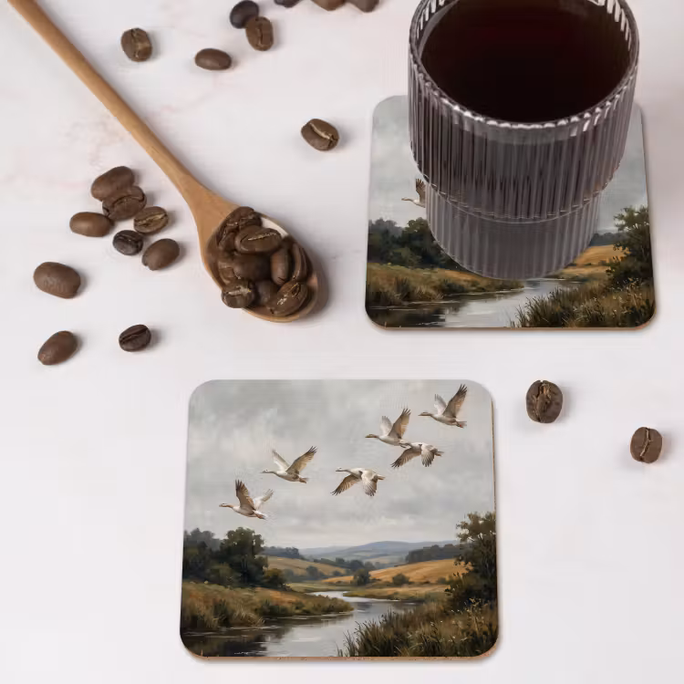 Eenden - Rivier - Landschap - Vlucht - Nostalgisch onderzetter kurk middel -sfeer2