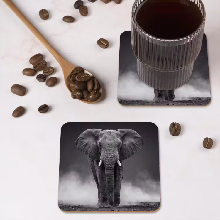 Olifant - Zwart - Wit - Rook onderzetter kurk middel -sfeer2