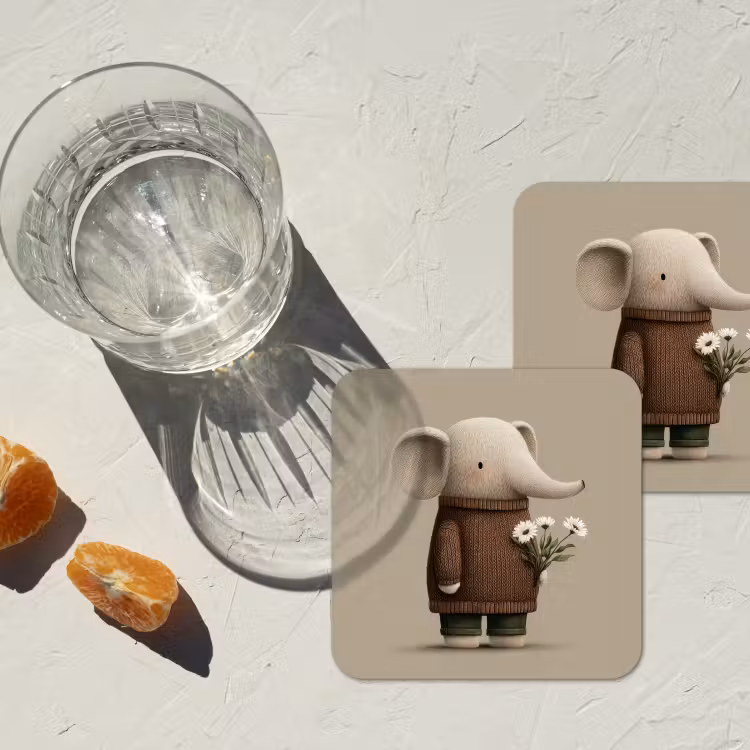Olifant - Witte bloemen - Kindvriendelijk onderzetter kurk middel -sfeer4
