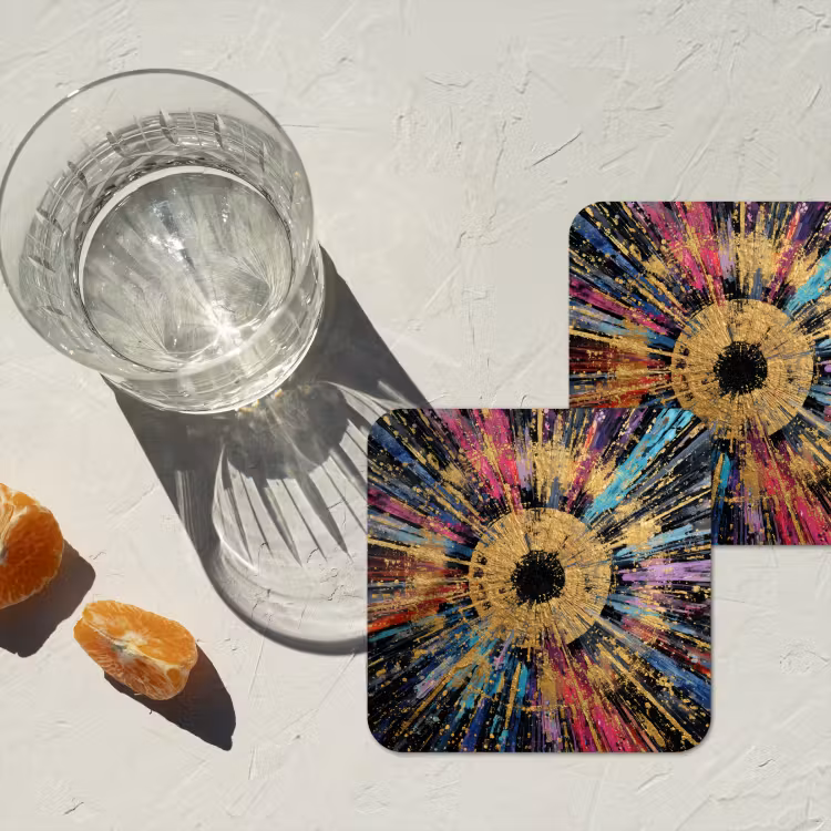 Explosie - Goud - Kleurrijk - Abstract onderzetter kurk middel -sfeer4