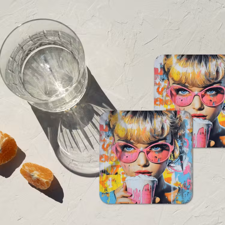 Expressief - Milkshake - Vrouw - Felle kleuren onderzetter kurk middel -sfeer4