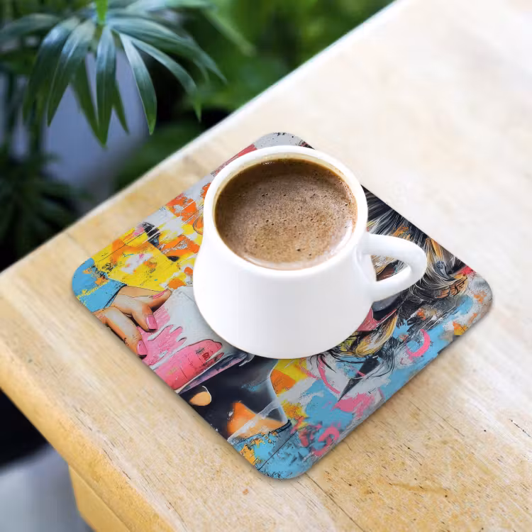 Expressief - Milkshake - Vrouw - Felle kleuren onderzetter kurk middel -sfeer5