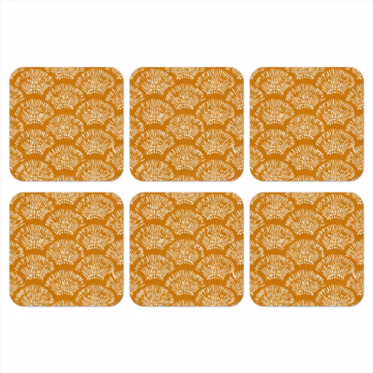 Waaierachtige motieven - Geel - Vintage onderzetter kurk middel -3d