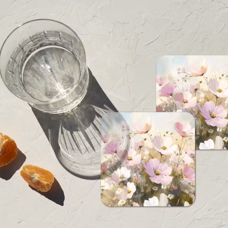 Bloemenveld - Lichte tinten - Geschilderd onderzetter kurk middel -sfeer4