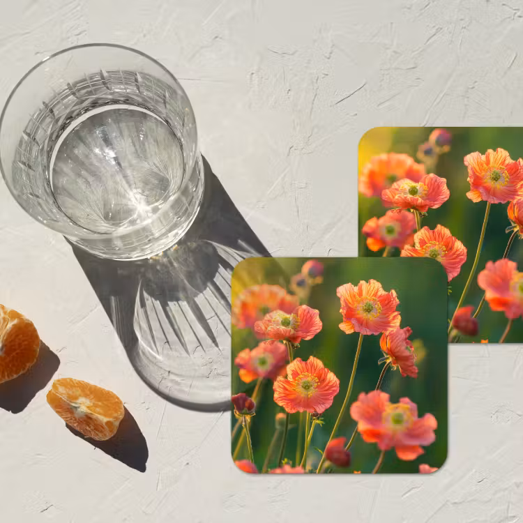 Bloemenveld - Zonnestralen - Oranje onderzetter kurk middel -sfeer4