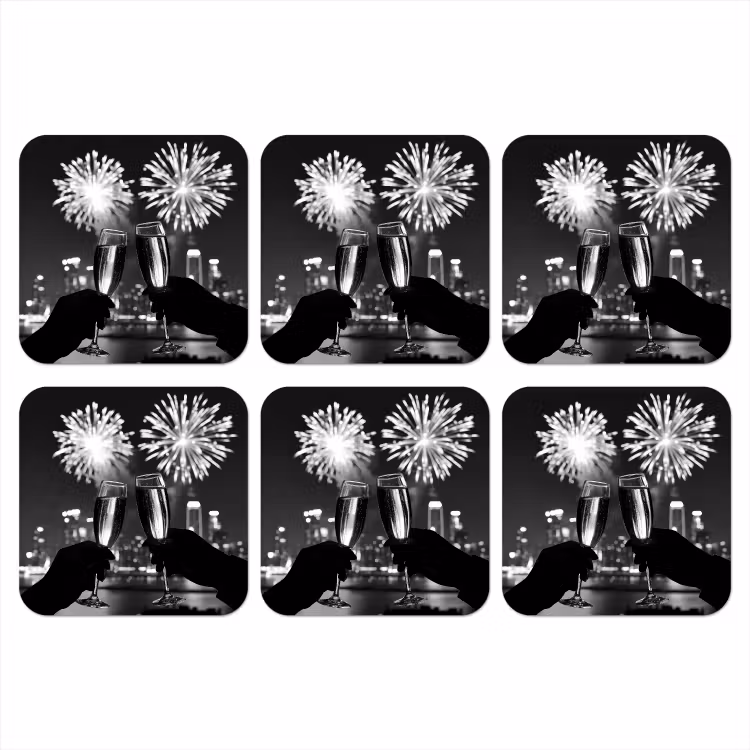 Vuurwerk - Proosten - Skyline - Champagne onderzetter kurk middel -3d