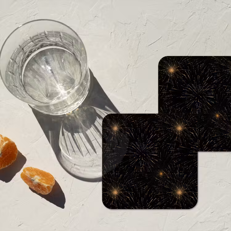 Vuurwerk - Patroon - Feestelijk - Goud - Zwart onderzetter kurk middel 366 -sfeer4