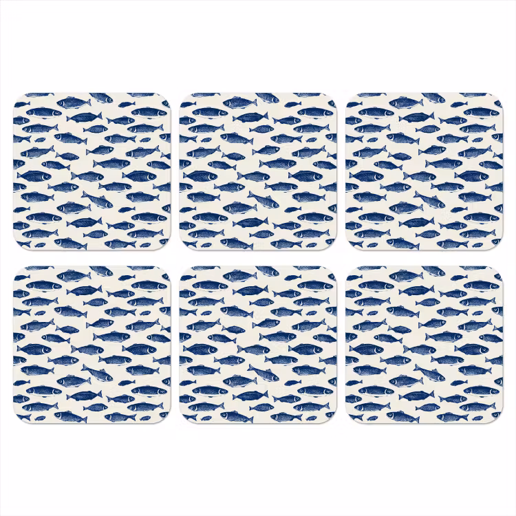 Vissen - Patroon - Blauw - Wit onderzetter kurk middel 366 -3d