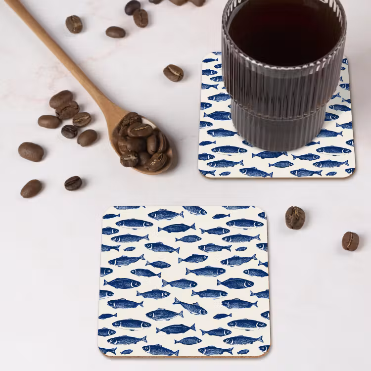 Vissen - Patroon - Blauw - Wit onderzetter kurk middel 366 -sfeer2