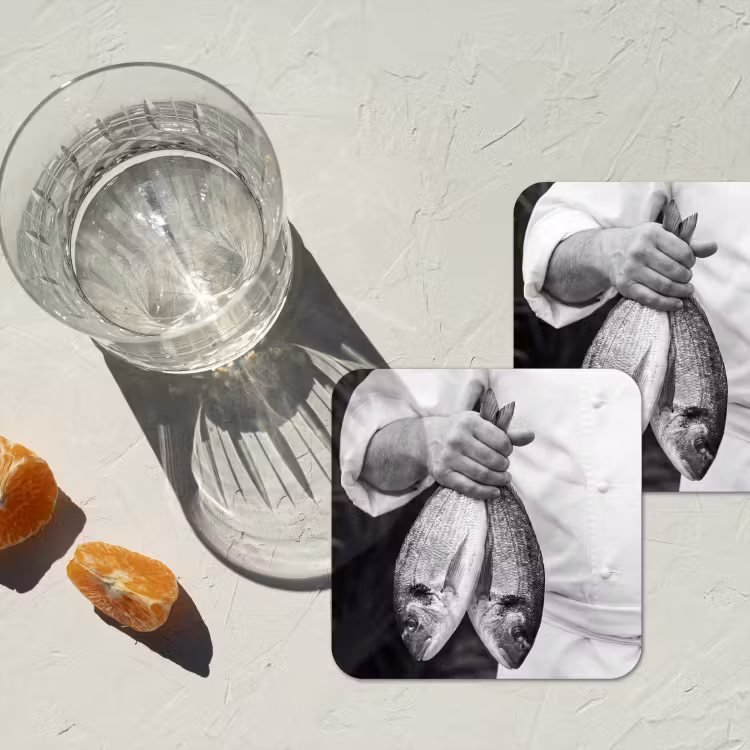 Vissen - Chef - Zwart - Wit onderzetter kurk middel -sfeer4