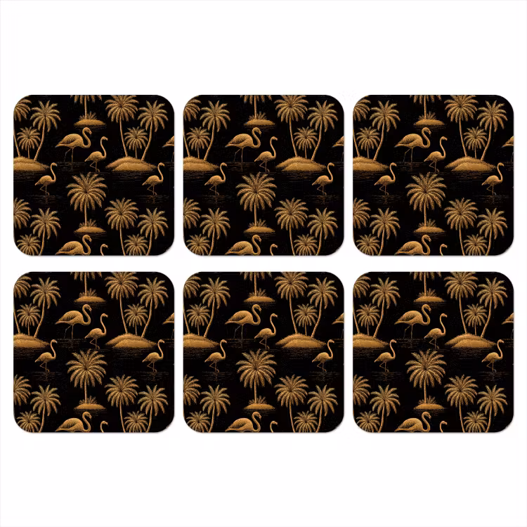 Flamingo - Palmbomen - Tropisch - Goud - Zwart onderzetter kurk middel 366 -3d