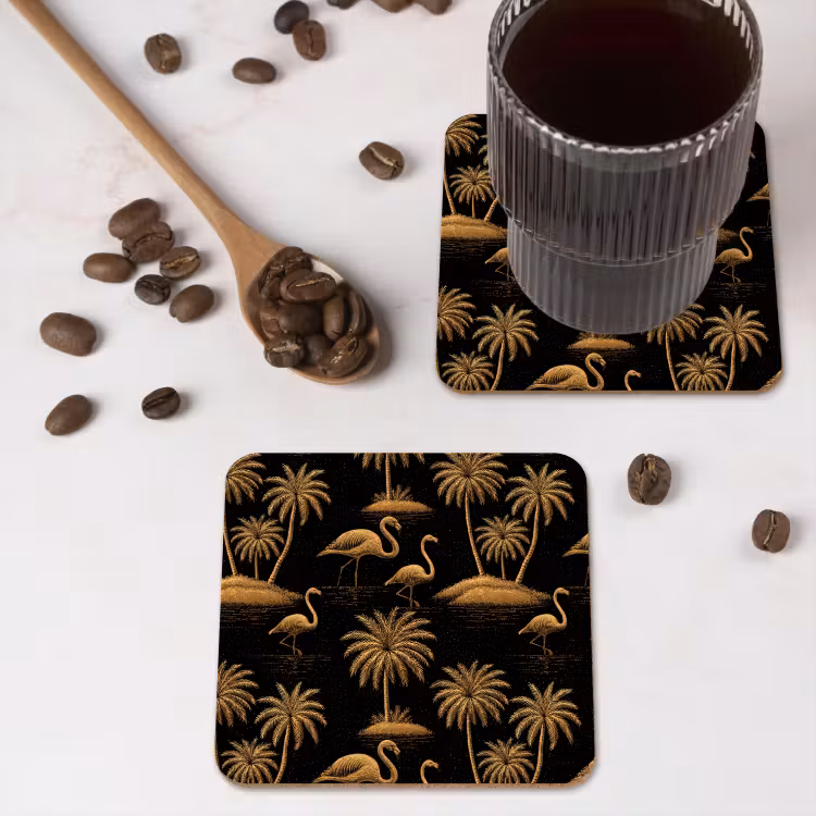Flamingo - Palmbomen - Tropisch - Goud - Zwart onderzetter kurk middel 366 -sfeer2