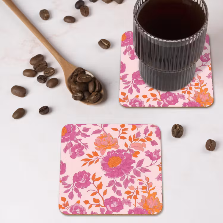 Bloemenpatroon - Roze - Oranje - Bloemen onderzetter kurk middel -sfeer2