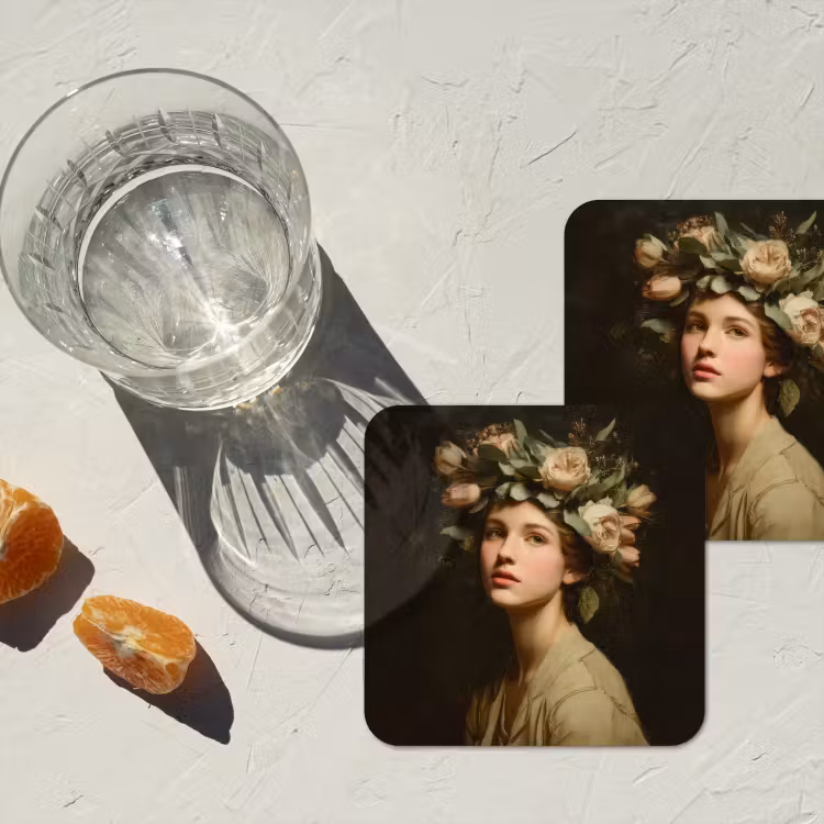 Bloemenstilte - Vrouw - Portret onderzetter kurk middel -sfeer4