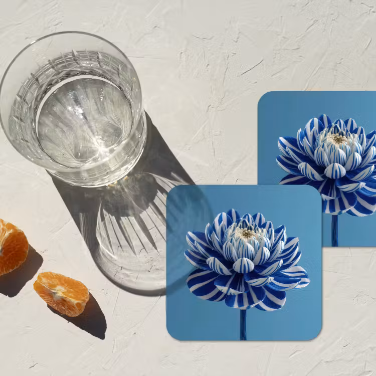 Bloem - Blauw - Bloemblaadjes - Streepjes onderzetter kurk middel -sfeer4