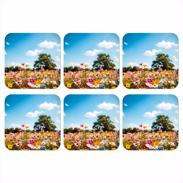 Bloemenweide - Blauw - Lucht - Kleuren onderzetter kurk middel -3d