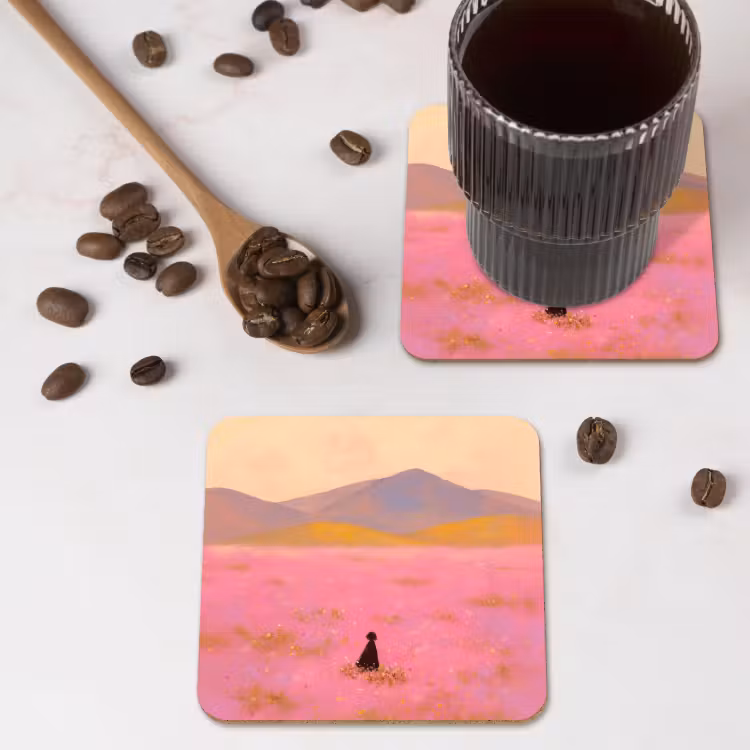 Bloemenweide - Heuvels - Silhouet - Roze onderzetter kurk middel -sfeer2
