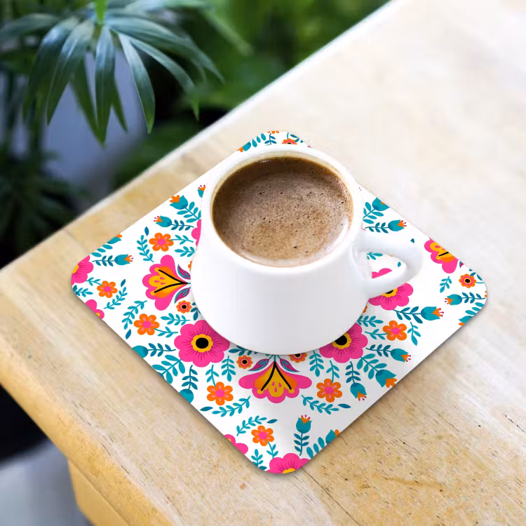 Bloemen - Vogel - Patroon - Kleurrijk - Modern onderzetter kurk middel -sfeer5