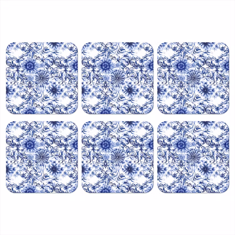Bloemen - Blauw - Patroon - Wit onderzetter kurk middel 366 -3d