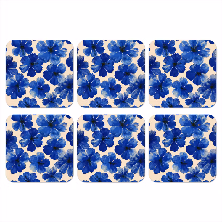 Bloemen - Blauw -Patroon - Wit onderzetter kurk middel -3d