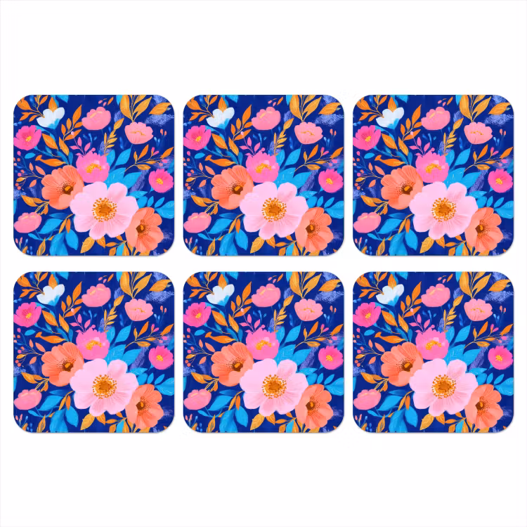 Bloemen - Blauw - Roze onderzetter kurk middel -3d