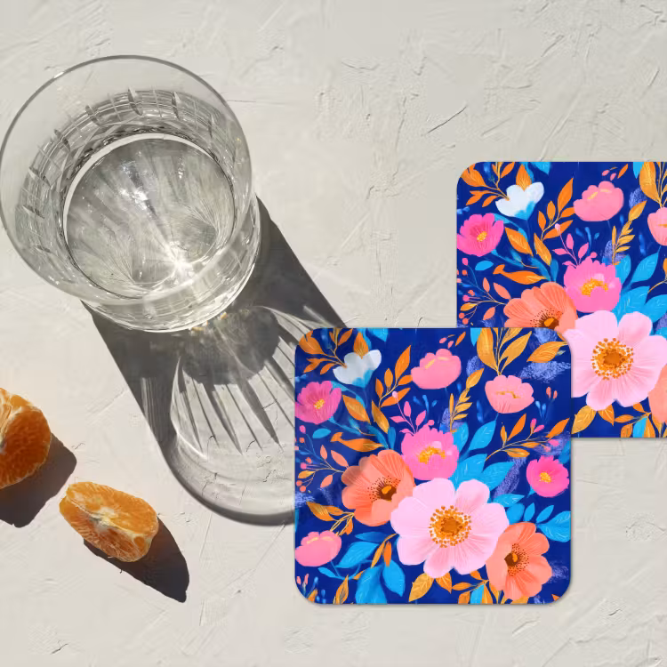 Bloemen - Blauw - Roze onderzetter kurk middel -sfeer4