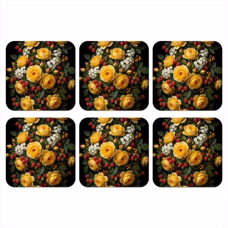 Bloemen - Boeket - Natuur - Klassiek - Geel onderzetter kurk middel -3d