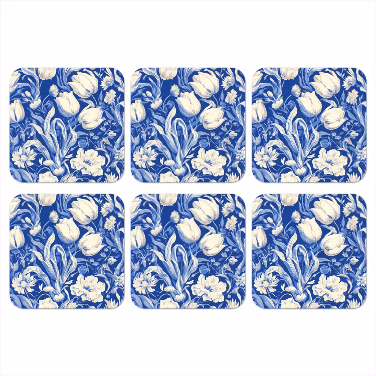 Bloemen - Delfts Blauw - Patroon - Tulp onderzetter kurk middel -3d