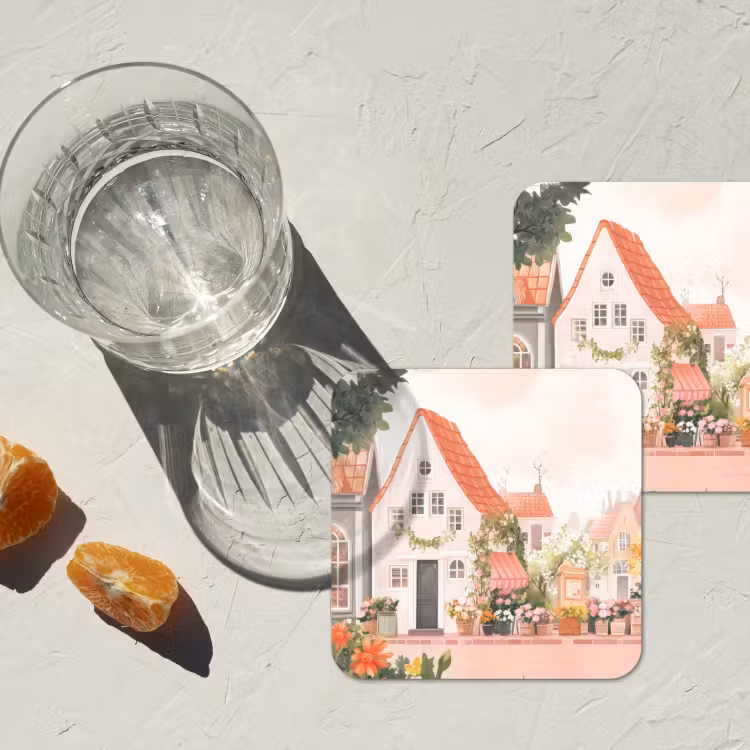Bloemen - Huizen - Dorp onderzetter kurk middel -sfeer4
