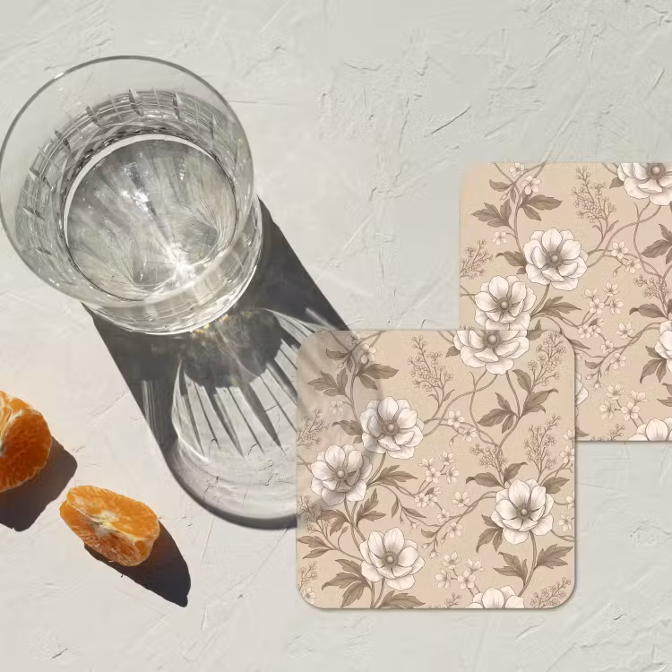 Bloemen - Patroon - Beige onderzetter kurk middel -sfeer4