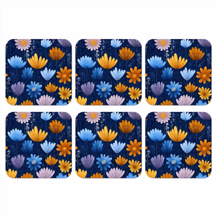 Bloemen - Patroon - Blauw - Contrast onderzetter kurk middel -3d