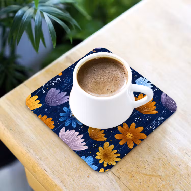 Bloemen - Patroon - Blauw - Contrast onderzetter kurk middel -sfeer5