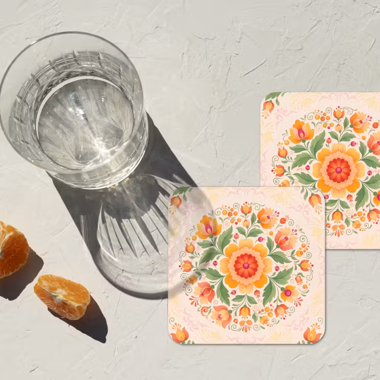 Bloemen - Patroon - Decoratief - Oranje onderzetter kurk middel -sfeer4