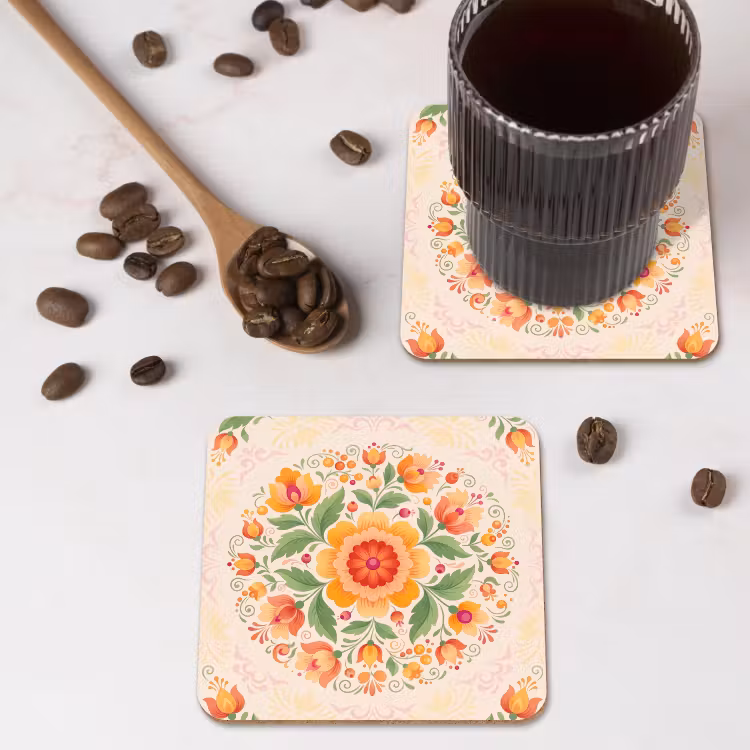 Bloemen - Patroon - Decoratief - Oranje onderzetter kurk middel -sfeer2
