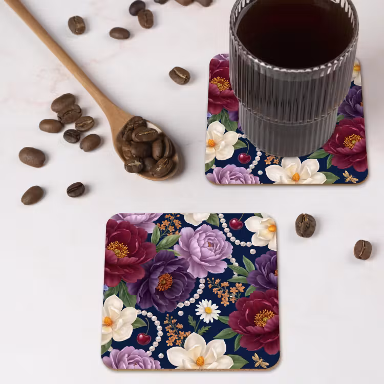 Bloemen - Parels - Decoratie - Modern - Blauw onderzetter kurk middel -sfeer2